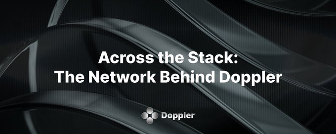 The image displays a sleek black banner with the title "Across the Stack: The Network Behind Doppler" alongside the Doppler logo. This header introduces a post highlighting Doppler's growth beyond being a simple yield platform, showcasing its expanding user base of 14,000+ depositors and substantial vault volumes for XRP and RLUSD.