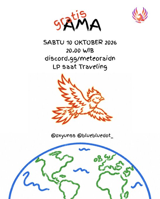 A hand-drawn style flyer for an event titled 'gratis AMA' on Saturday, October 10, 2026 at 20:00 WIB, featuring a red phoenix illustration, mentions a Discord link, and credits @oxyunss and @bluebluedot_.