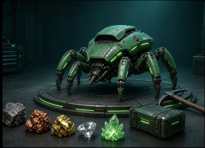 A 3D rendering of a green mechanical spider-like mining machine on a platform, surrounded by various raw minerals including a diamond, gold, copper, and iron ores, along with a pickaxe and a military-style crate.