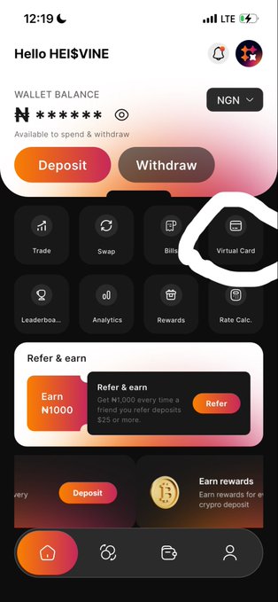 The image shows the “Hello HEI$ VINE” wallet dashboard with an NGN balance, Deposit/Withdraw buttons, and a “Virtual Card” option. It highlights QuickChain’s virtual dollar card, which can be funded with crypto and used for global online purchases such as Netflix, Spotify, Shopify ads, subscriptions, and tools.