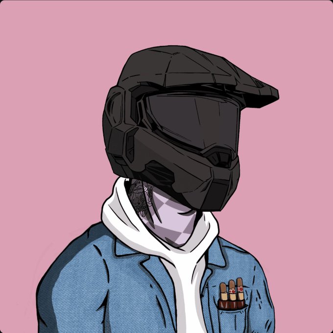 A stylized cartoon drawing of a figure wearing a black motorcycle helmet and a blue denim jacket, with a lit cigar and a box of matches in the breast pocket, set against a pink background.