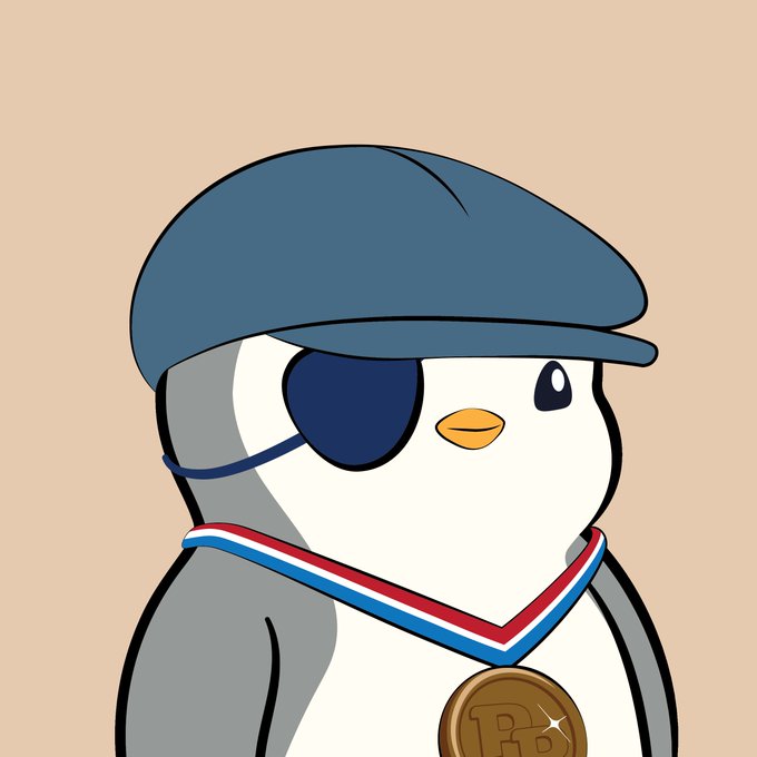 A cartoon penguin mascot wearing a blue flat cap, an eye patch, and a medal around its neck on a beige background.