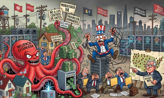 The image is a political cartoon depicting an octopus labeled "INFLUENCIA EXTRANJERA" (Foreign Influence) tentacling around servers and data centers, with banners reading "MORATORIA YA," "NO A LOS CENTROS DE DATOS," and "PROHIBICIÓN PERMANENTE," while Uncle Sam pulls cables from a red octopus emerging from a map of the US labeled "TDC." Signs show figures at a Senate hearing pointing to documents marked "INFORME BPI" with stacks of "$23,600 millones" (USD $23.6 billion) and "$21,600 millones," illustrating how Marxist organizations are allegedly blocking $23 billion in U.S. data center and AI investment, as detailed in a Bitcoin Policy Institute report on the Party for Socialism and Liberation's ties to Neville Roy Singham's network.