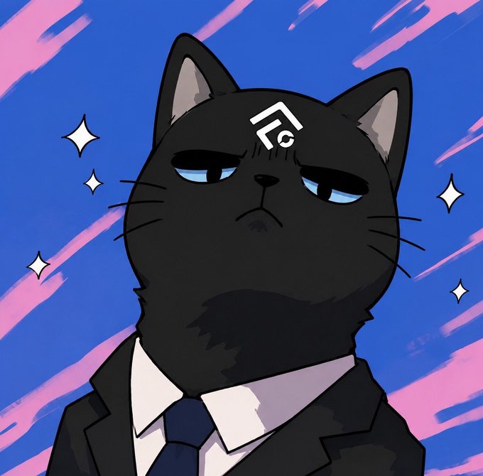 An illustration of a black cat wearing a suit and tie with a Wi-Fi symbol on its forehead, set against a blue and pink brushstroke background.