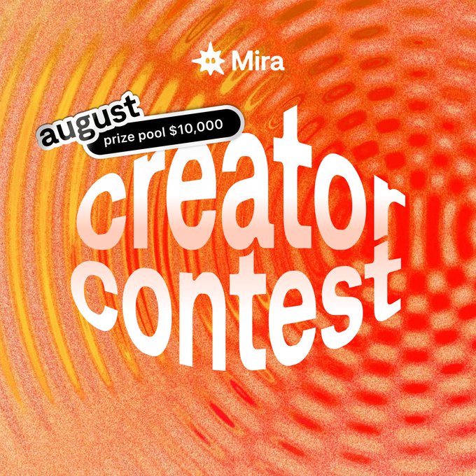 The image is a vibrant promotional graphic for Mira's August Creator Contest, featuring a swirling orange and red halftone background with the "Mira" logo at the top and text announcing a $10,000 prize pool. It visually supports the post's call to action, inviting users to share screenshots of how they use Mira for a chance to win up to $500.