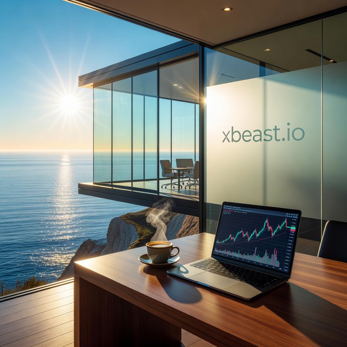 A futuristic, modern office overlooking a vast ocean with a glowing sunset, featuring a wooden desk with a laptop displaying a financial chart, a steaming coffee cup, and the text 'xbeast.io' on a glass wall.