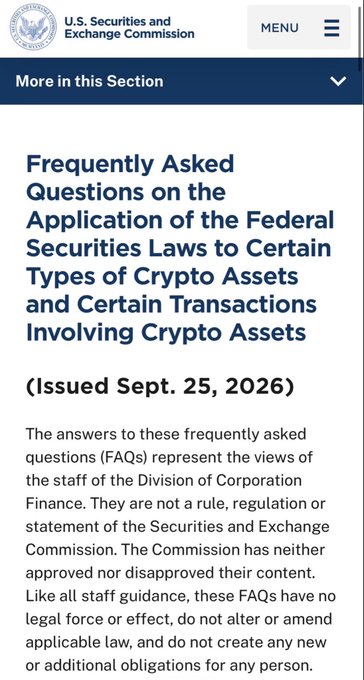 A screenshot of a U.S. Securities and Exchange Commission page titled 'Frequently Asked Questions on the Application of the Federal Securities Laws to Certain Types of Crypto Assets and Certain Transactions Involving Crypto Assets,' issued Sept. 25, 2026.