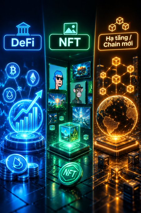 A neon-lit graphic divided into three sections labeled 'DeFi', 'NFT', and 'Hạ tầng / Chain mới', featuring glowing icons, a globe, and pixel art characters.