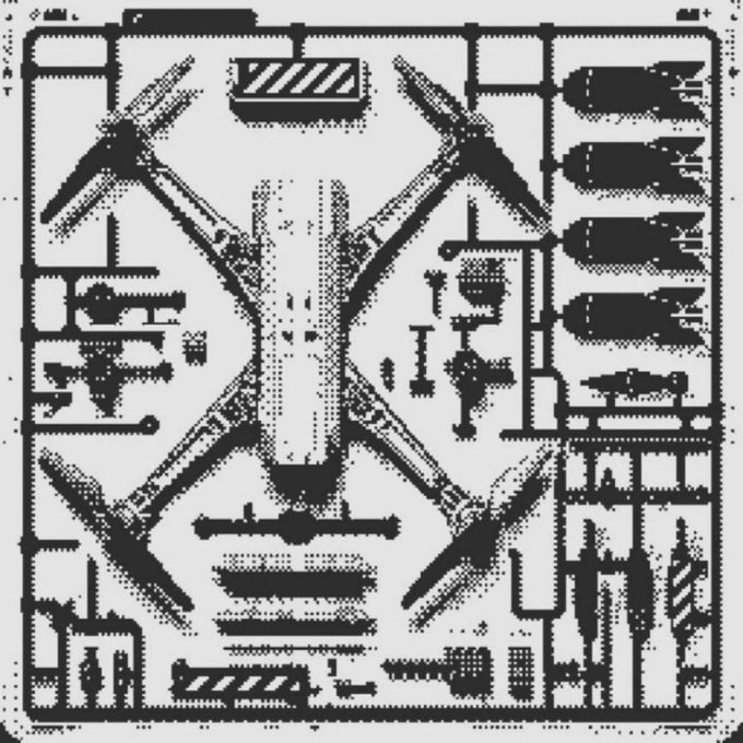 A black-and-white pixel-art illustration of an aircraft blueprint or technical schematic, depicting a drone or vehicle from a top-down view with surrounding mechanical components, evoking the "model citizen" theme of an on-chain generative or modular art piece.
