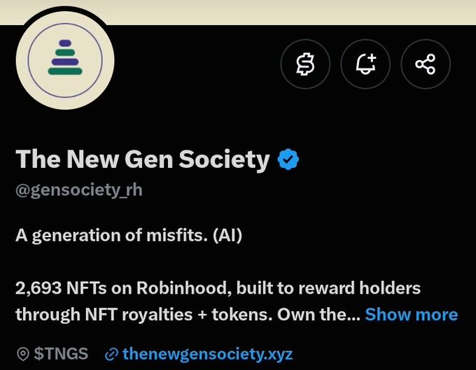 A Twitter/X profile page for 'The New Gen Society' (@gensoicety_rh), described as 'A generation of misfits. (AI)' with '2,693 NFTs on Robinhood' and token '$TNGS', linking to thenewgensociety.xyz.