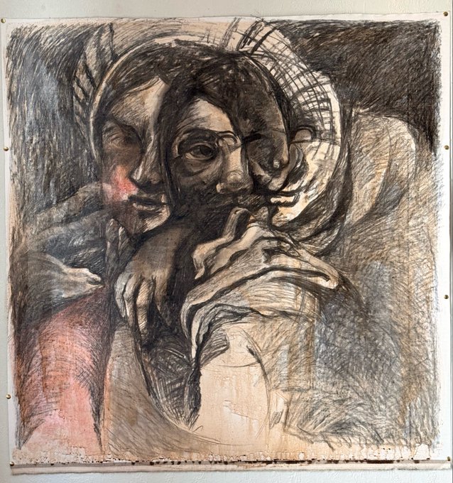 A charcoal and pastel sketch on paper depicting multiple overlapping human faces and hands in an expressive, somewhat abstract style.