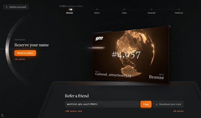 A dark-themed digital interface displaying a loyalty program dashboard with a tier progression bar (Bronze, Silver, Gold, Emerald, Platinum), 1,963 points to Silver, a username reservation option offering +5 points, a member card showing rank #4,057 for 'Cultured_attraction525' in Bronze status, and a referral link section offering +180 points each and +50 points for downloading.