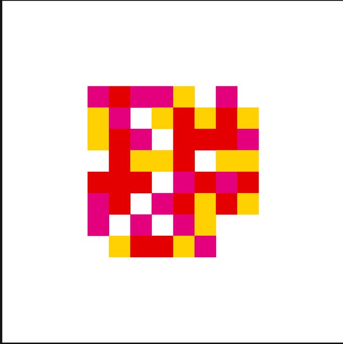 An abstract pixelated design featuring a grid of red, pink, yellow, and white squares on a white background.