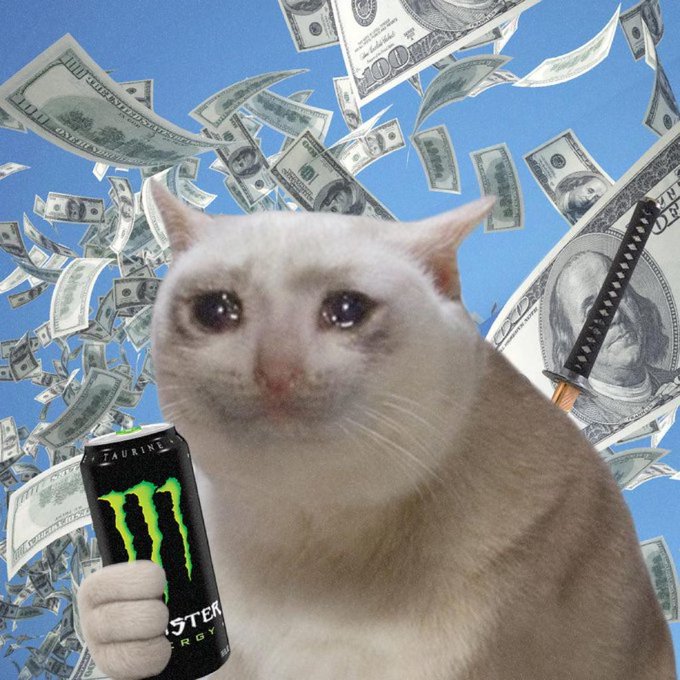 A popular internet meme image of a crying white cat holding a Monster energy drink can with $100 bills and a katana flying in the background against a blue sky.
