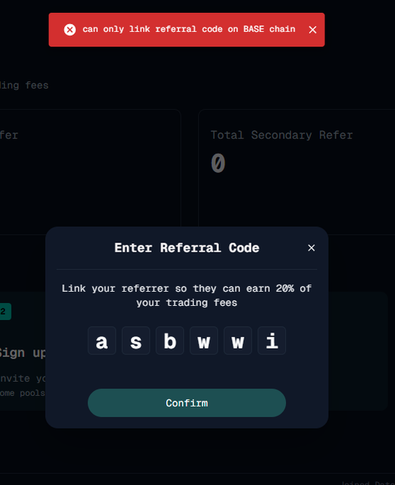 A 'Enter Referral Code' dialog box displays the code 'asbwi', with an error notification stating 'can only link referral code on BASE chain'.