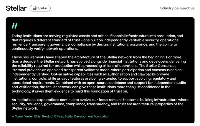 This image features a quote from Tomer Weller, Chief Product Officer at Stellar Development Foundation, discussing the architecture of trust and security principles for institutional blockchain adoption within the Stellar network.
