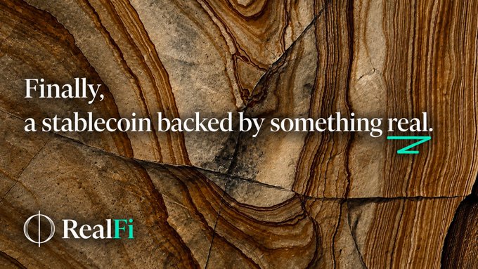 The image features a close-up of wood grain textures as the background, with the tagline "Finally, a stablecoin backed by something real" and the RealFi logo (with "RealFi" in white and green text) in the bottom left corner. The earthy, organic wood imagery visually reinforces the post's message about RealFi bridging real-world assets onto the Cardano blockchain.