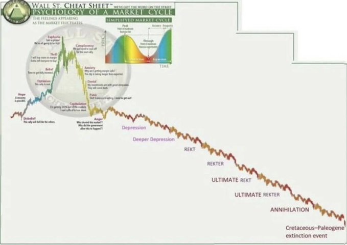 The image is the classic "Psychology of a Market Cycle" cheat sheet showing emotions ranging from Hope through Anxiety, Denial, Panic, Anger, Depression, Depression, REKT, REKTER, ULTIMATE REKT, ULTIMATE REKER, ANNIHILATION, ending at "Cretaceous-Paleogene extinction event"—suggesting crypto markets have wiped out virtually all participants, matching the poster's claim that "we're at the bottom."