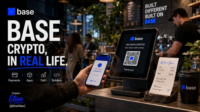 An advertisement for Base crypto featuring the slogan 'BASE CRYPTO, IN REAL LIFE,' showing a customer paying with crypto via QR code at a coffee shop counter.