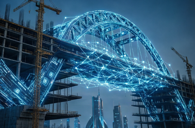 A futuristic digital art piece showing a construction site where glowing blue holographic blockchain/network nodes and arcs are projected over the building framework.