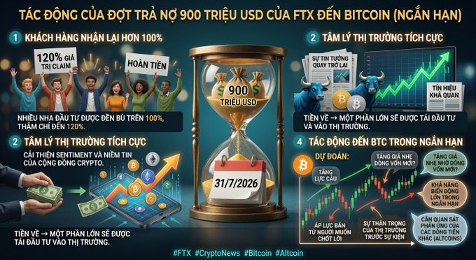Vietnamese infographic about the impact of the FTX $900 million Bitcoin refund wave, dated 31/7/2026, with hashtags #FTX #CryptoNews #Bitcoin #Altcoin and sections on customer refunds, market sentiment, and short-term BTC effects.