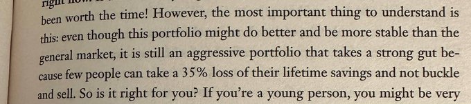 The image shows a page of text warning about the psychological difficulty of a 35% portfolio loss, advising that such aggressive portfolios may not be suitable for those who can't stomach a 35% drawdown in their lifetime savings. This relates to the post's contrast between traditional stocks occasionally dropping 35% versus crypto altcoins routinely losing 95%.