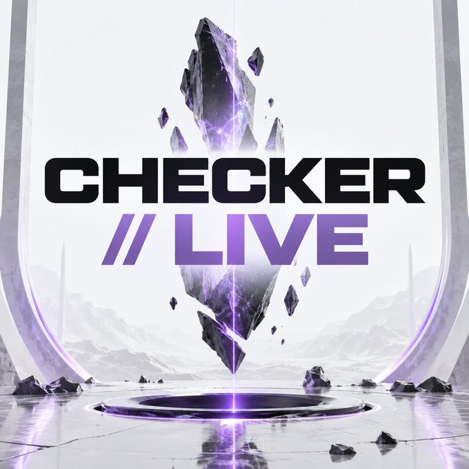 A digital graphic with the text 'CHECKER // LIVE' in bold black and purple letters, featuring a floating purple crystal structure above a circular platform in a futuristic setting.