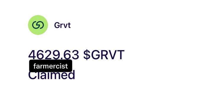 A screenshot displays the GRVT token logo alongside a claimed balance of 4629.63 $GRVT, credited to the user "farmercist." The image visually confirms the post's claim of receiving a GRVT airdrop, with the green chain-link logo and large token amount emphasizing the allocation that the user says is currently worth $1200.