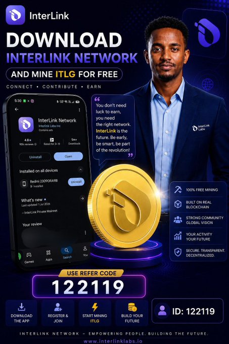 A promotional graphic for 'InterLink' cryptocurrency app advertising 'DOWNLOAD INTERLINK NETWORK AND MINE ITLG FOR FREE' with refer code 122119 and ID: 122119.