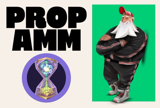 The image features the bold text "PROP AMM" alongside an hourglass icon and a stylized character with a white beard and red cap, visually representing LFJ's PropAMM vault whose record 503% daily liquidity utilization is being celebrated in the announcement of upcoming depositor rewards.