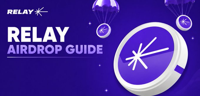 The image displays a vibrant purple promotional graphic with the text "RELAY AIRDROP GUIDE" alongside the Relay logo, featuring stylized parachutes delivering a coin marked with the platform's asterisk-like symbol. The design visually supports the post by highlighting Relay's $43M raise and its cross-chain payment system branding, making the airdrop guide feel both premium and on-brand.
