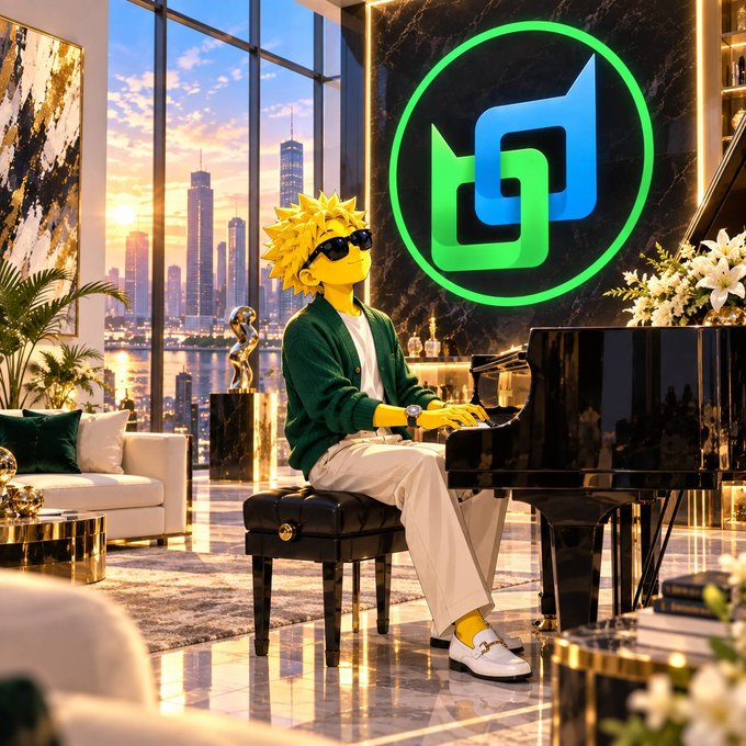 A 3D-rendered character with yellow skin and spiky blonde hair wearing sunglasses, sitting at a grand piano in a luxurious penthouse overlooking a city at sunset. A green and blue 'H' logo glows on the wall behind him.