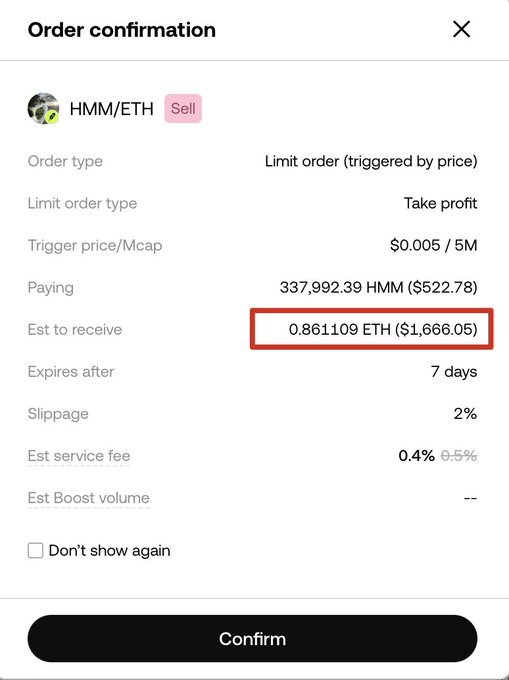 An order confirmation screen for selling HMM/ETH shows a limit order to receive 0.861109 ETH (~$1,666.05) highlighted in red, triggered at a price of $0.005 with 2% slippage.