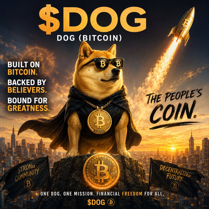 A promotional image for $DOG (Dog Bitcoin) cryptocurrency featuring a Shiba Inu wearing sunglasses and a Bitcoin medallion, with text reading 'BUILT ON BITCOIN. BACKED BY BELIEVERS. BOUND FOR GREATNESS.' and 'THE PEOPLE'S COIN.'