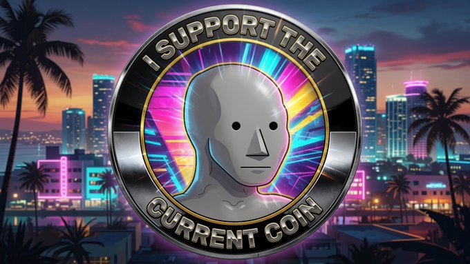 A digital badge featuring a silver robotic head surrounded by neon light rays, with the text 'I SUPPORT THE CURRENT COIN' set against a vibrant city skyline at sunset.