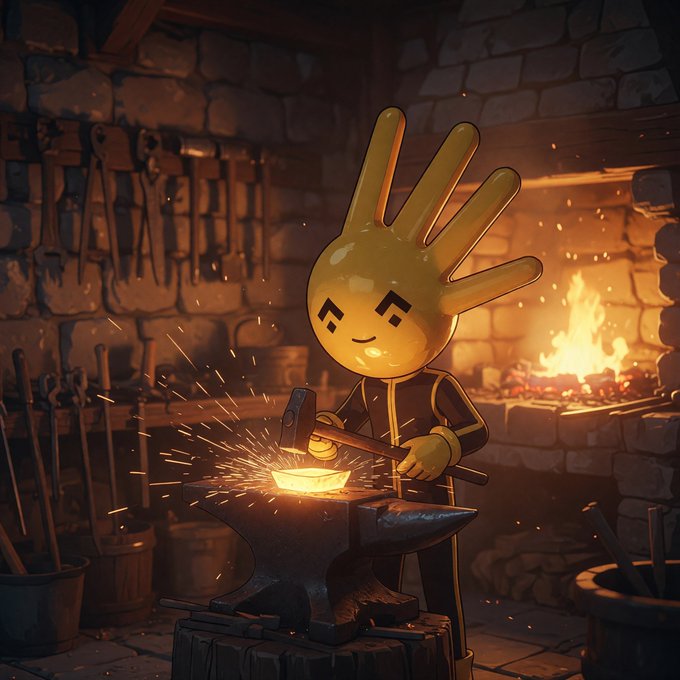A digital artwork of an anime-style yellow hand character working as a blacksmith, hammering on an anvil with sparks flying in a warmly lit forge.