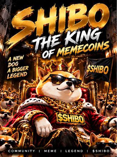 A promotional poster titled 'SHIBO THE KING OF MEMECOINS' features a Shiba Inu dog wearing sunglasses, a crown, and gold chains on a throne, with text reading 'A NEW DOG A BIGGER LEGEND' and 'COMMUNITY | MEME | LEGEND | $SHIBO'.