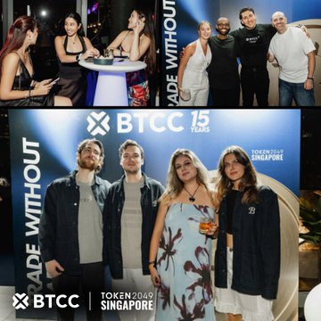 A collage of event photos from 'BTCC 15 YEARS' at TOKEN2049 SINGAPORE, showing various attendees in social settings with 'TOKEN2049 SINGAPORE' branding visible.