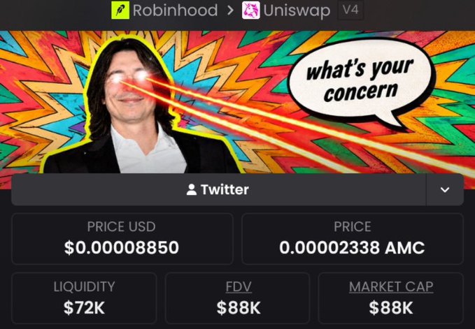 A meme features a man with glowing red laser eyes surrounded by psychedelic colors with the text "what's your concern," displayed over a Uniswap V4 Robinhood crypto token page showing a price of $0.00008850 USD and 0.00002338 AMC.