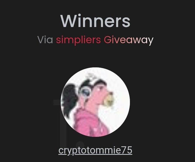 A giveaway winner announcement screen on a dark background showing 'Winners Via simpliers Giveaway' and a meme profile picture with the username 'cryptotommie75'.