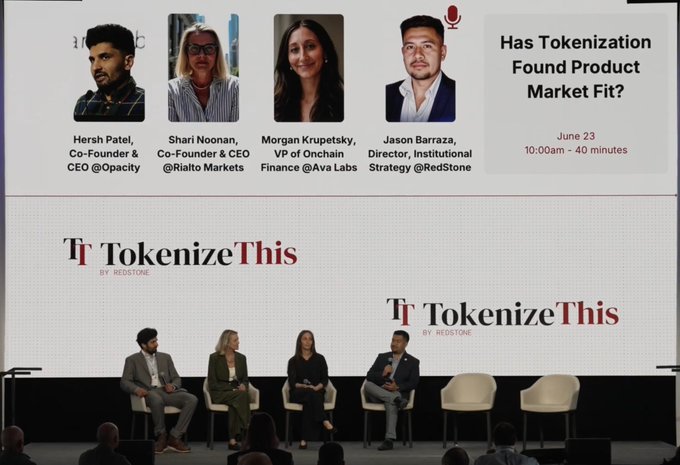 A panel of speakers including Hersh Patel, Shari Noonan, Morgan Krupetsky, and Jason Barraza discuss tokenization's product market fit at "TokenizeThis" by Redstone on June 23rd. This relates to the post's theme of exploring sectors moving beyond proof of concept in tokenization.