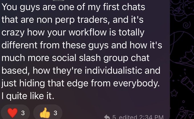 The image shows a text message or social media post from someone named Swan Fund, which reads "You guys are one of my first chats that are non-perp traders, and it's crazy how your workflow is totally different from these guys and how it's much more social slash group chat based on just hiding that edge from everyone. I quite like it." The post seems to be about a conversation or interaction with someone named Swan Fund, who has posted the message in response to another post made by someone else.