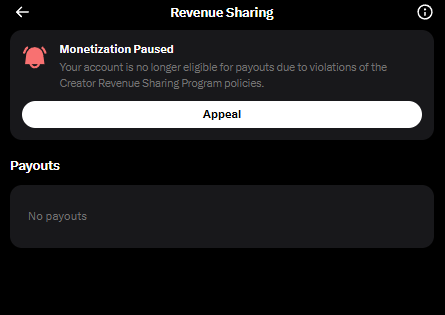 A screenshot of a "Revenue Sharing" page showing that "Monetization Paused" with a notification that "Your account is no longer eligible for payouts due to violations of the Creator Revenue Sharing Program policies," featuring an "Appeal" button and an empty "Payouts" section indicating "No payouts." This illustrates the creator's frustration at being excluded from the Creator Revenue Sharing program without having ever received a payout, as described in their post.