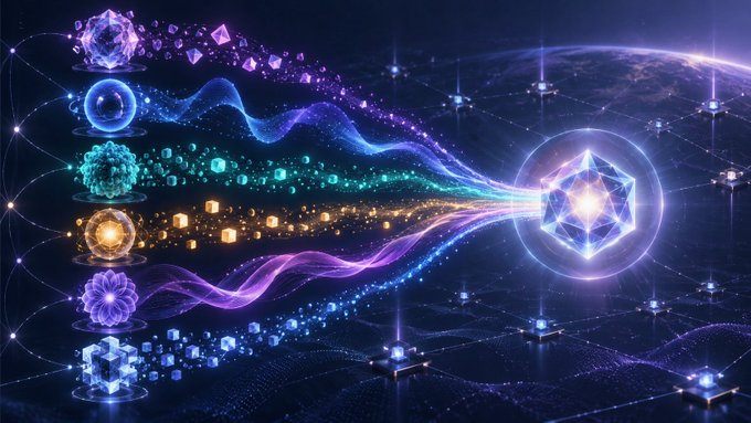 Five colorful streams of light flow from distinct orbs on the left and converge into a single crystalline icosahedron on the right, symbolizing how multiple AI-generated outputs merge into one validated result on GenLayer's network.