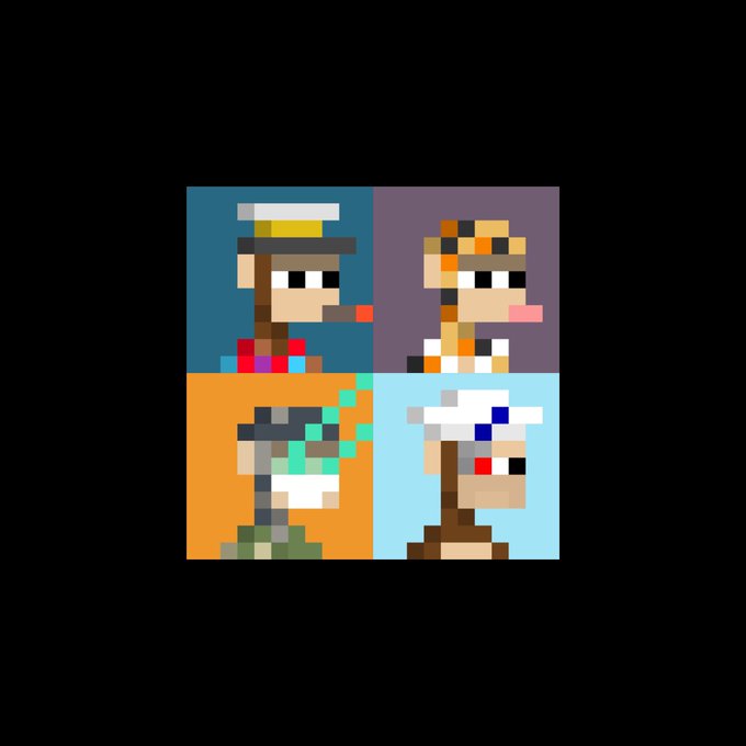 A four-panel pixel art image featuring stylized character heads, including a sailor, a tiger, a witch, and a sailor with sunglasses.