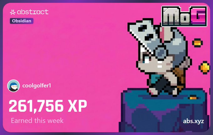 An Abstract Obsidian XP earnings card showing 261,756 XP earned this week by user 'coolgolfer1', featuring a pixel-art rabbit character holding a pickaxe and a 'MoG' logo.