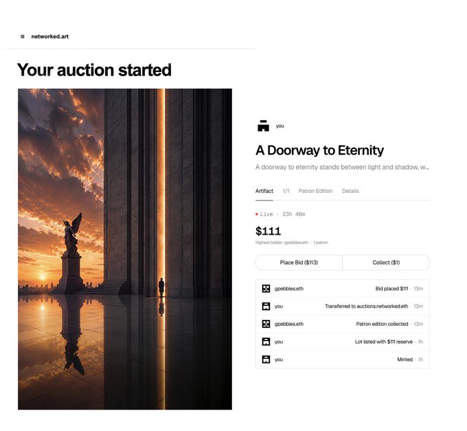 A screenshot from networked.art showing an auction page for "A Doorway to Eternity" digital artwork, priced at $111 with a current bid of $113, displaying bid history with gnobbies.eth and the user "you".