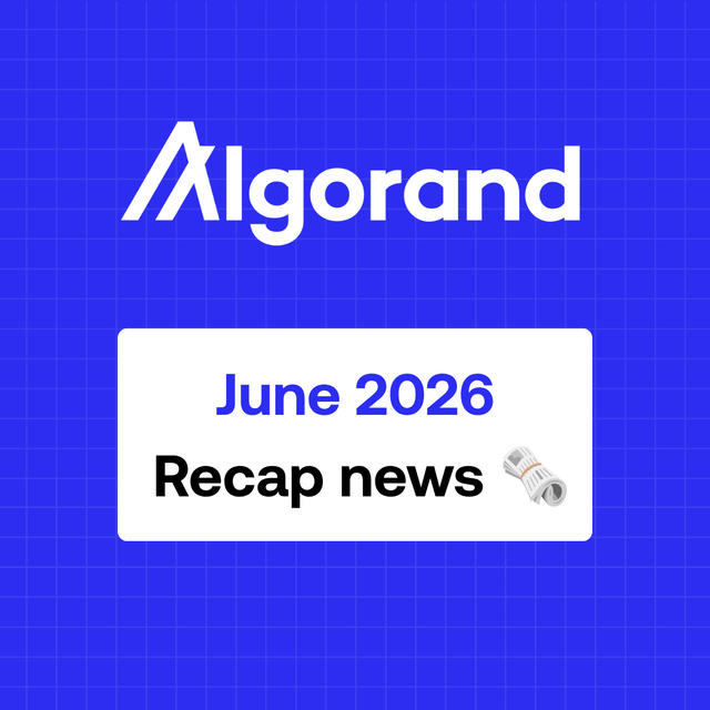 The image is a promotional graphic featuring the Algorand logo at the top and a white box below containing the text "June 2026 Recap news" alongside a rolled newspaper emoji, set against a blue grid background. It directly corresponds to the accompanying post "ICYMI - June 2026 for Algorand! 🔥" by serving as a visual header to highlight a monthly news recap for the Algorand blockchain project.