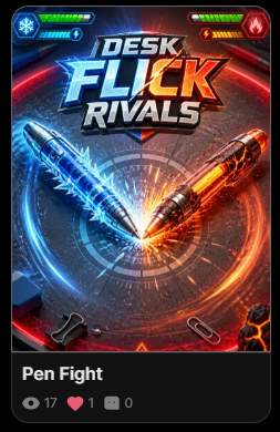 The image features a poster or card with two blue and red pens, each pointing towards the other. The text on the poster reads "Pen Fight Rivals", indicating that this game involves pen fighting against rivals. There are also some numbers written below the pens, which could be related to the game's rating system or player statistics.