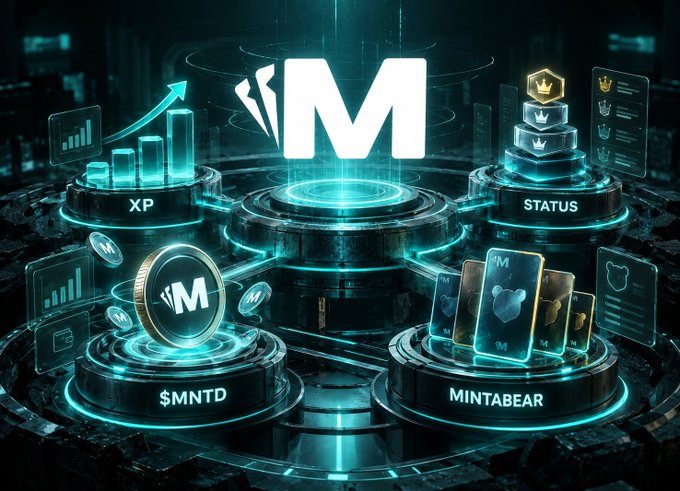 A futuristic digital graphic displaying a 'M' logo with $MNTD cryptocurrency, XP, STATUS, and MINTABEAR token systems.